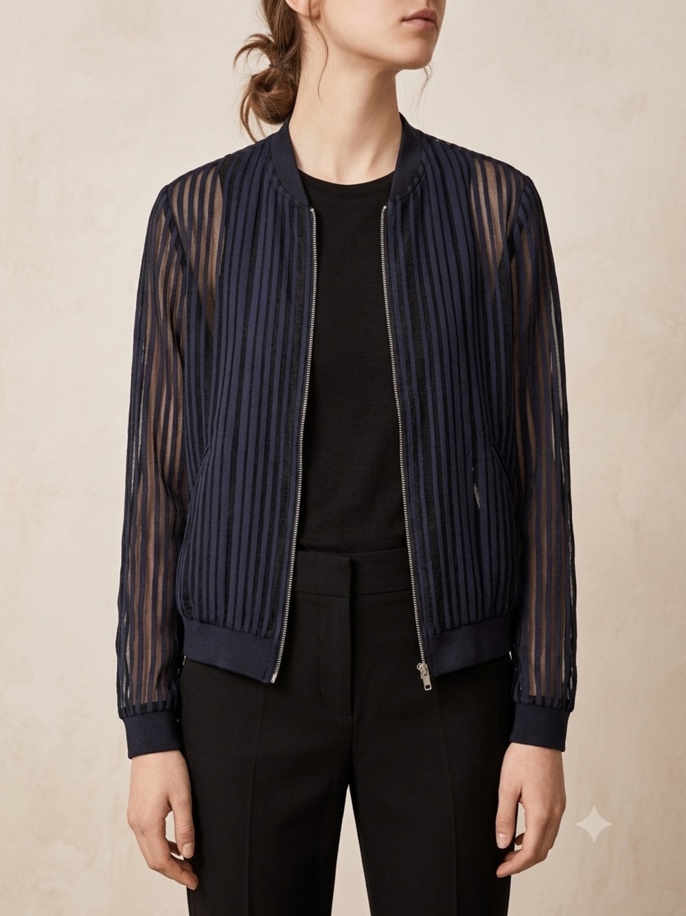 Zara Navy Sheer Stripe Bomber Jacket